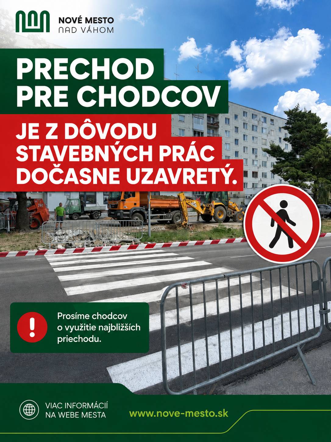 Na sídlisku Rajovká - ulica Klčové -  prebieha výstavba nového polopodzemného kontajnerového stanoviska, ktoré prispeje k čistejšiemu, estetickejšiemu a efektívnejšiemu nakladaniu s komunálnym odpadom. V súvislosti s realizáciou stavebných prác je dočasne uzavretý prechod pre chodcov nachádzajúci sa pri stavenisku - Spojená škola sv. Jozefa. Uzávera je nevyhnutná z dôvodu zaistenia bezpečnosti obyvateľov aj pracovníkov vykonávajúcich stavebné práce. Mesto preto žiada chodcov, aby počas trvania prác rešpektovali dočasné dopravné značenie a využívali najbližší bezpečný priechod pre chodcov. Výstavba polopodzemných kontajnerov je súčasťou dlhodobého zámeru mesta postupne modernizovať odpadové hospodárstvo. Práve sídlisko Rajková patrí medzi lokality, kde je takáto investícia z hľadiska prevádzky aj estetiky verejného priestoru mimoriadne potrebná. Ďakujeme všetkým obyvateľom za trpezlivosť, pochopenie a rešpektovanie dočasných obmedzení. Veríme, že výsledkom bude kvalitnejšie a kultúrnejšie prostredie pre všetkých. Na Rajkovej začína budovanie prvého polopodzemného kontajnerového stanoviska. Mesto pokračuje v modernizácii odpadového hospodárstva | www.nove-mesto.sk