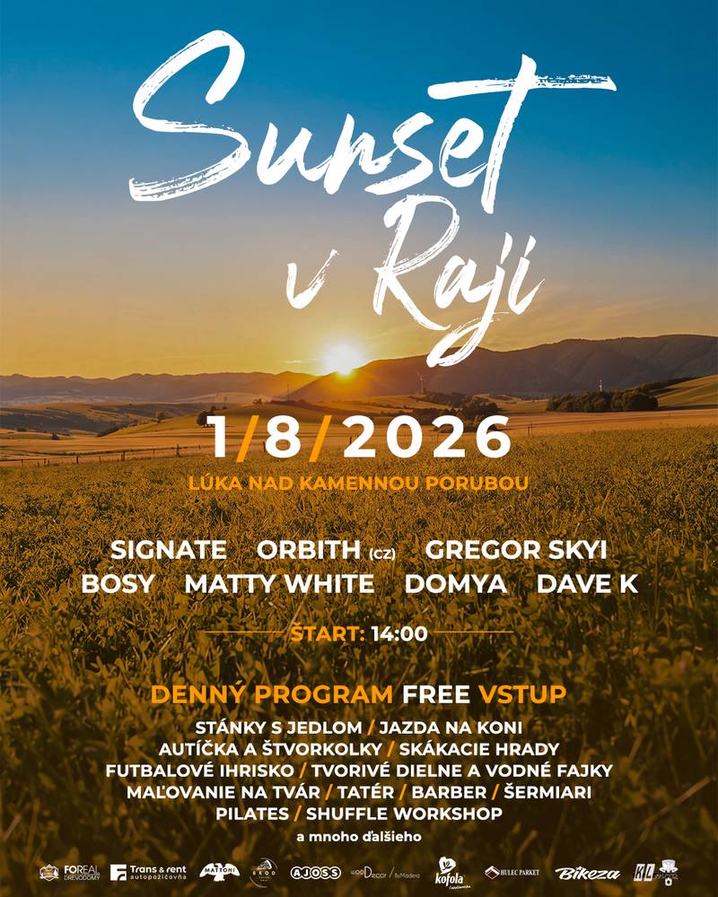 Pozývame Vás na letné podujatie Sunset v Raji, ktoré sa uskutoční v sobotu 1. augusta na lúke nad Kamennou Porubou.  Od 14:00 je pripravená denná časť podujatia, na ktorú je vstup voľný.