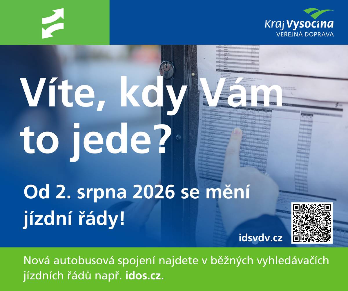 Vážení občané, od 2. 8. 2026 se mění jízdní řády auobusových linek. Podrobnosti zjistíte po načtení odkazu pomocí QR kódu z přiloženého letáku.