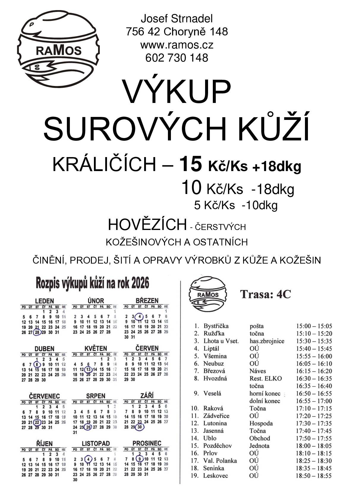 Výkup surových kůží, činění, prodej, šití a opravy výrobků z kůže a kožešin- termíny na rok 2026.