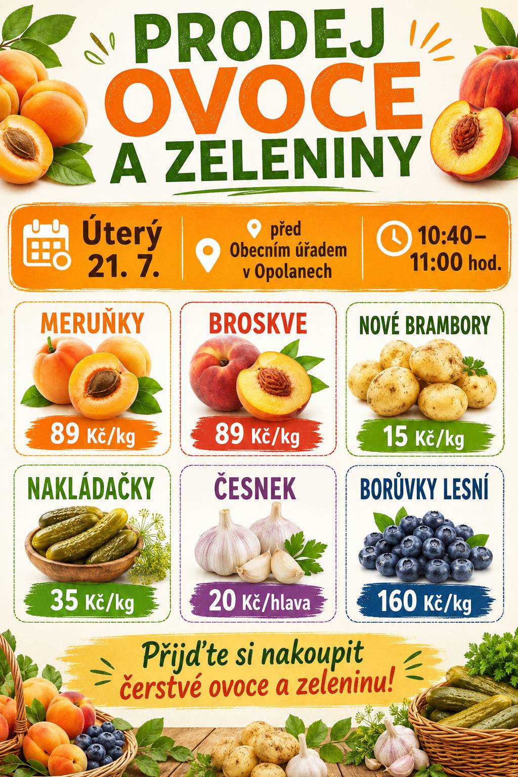 V úterý 21.7. před OÚ v Opolanech proběhne prodej ovoce a zeleniny v čase od 10.40 do 11.00 hod.