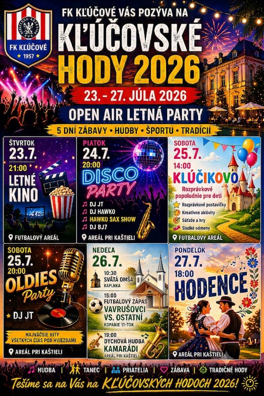 🍿Program Kľúčovských hodov zostavený s ohľadom na všetky vekové kategórie zaháji kino pod hviezdami v areáli futbalového ihriska....  🤝Nasledovať budú tri dni hudby, tanca, športu - všetko v duchu zábavy a priateľských stretnutí...  🌞Rozprávkové popoludnie Kľúčikovo, v téme Disney, poteší najmenších účastníkov súťažami, kreatívnymi aktivitami a sladkými odmenami...   🔥Definitívnu bodku za ďalšou kapitolou Kľúčovských hodov dajú hodence v pondelok 27.7.2026 v areáli pri kaštieli...