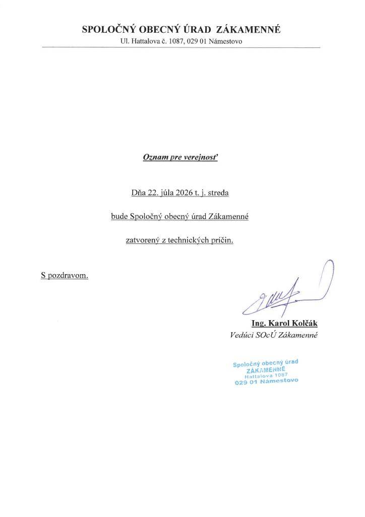Spoločný stavebný úrad v Námestove bude 22. júla 2026 zatvorený.