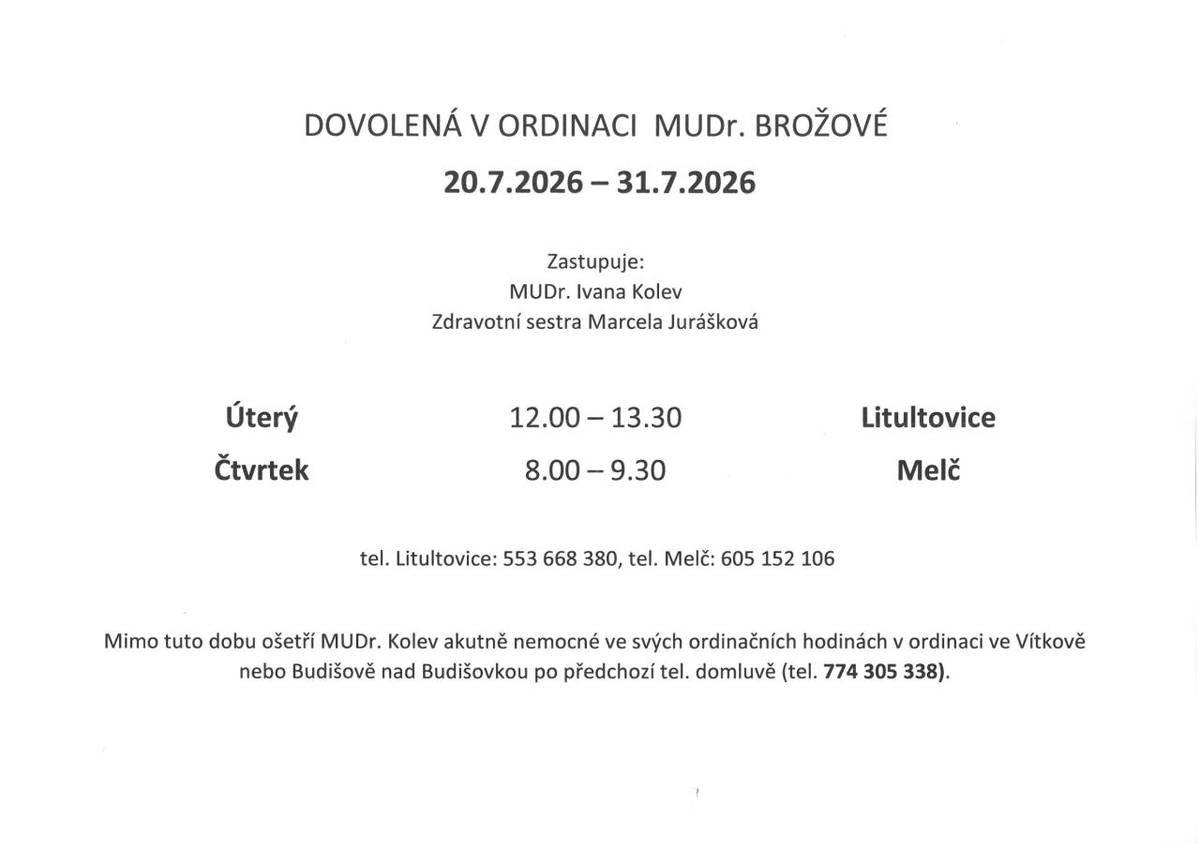 Dovolená MUDr. Brožová Eva
