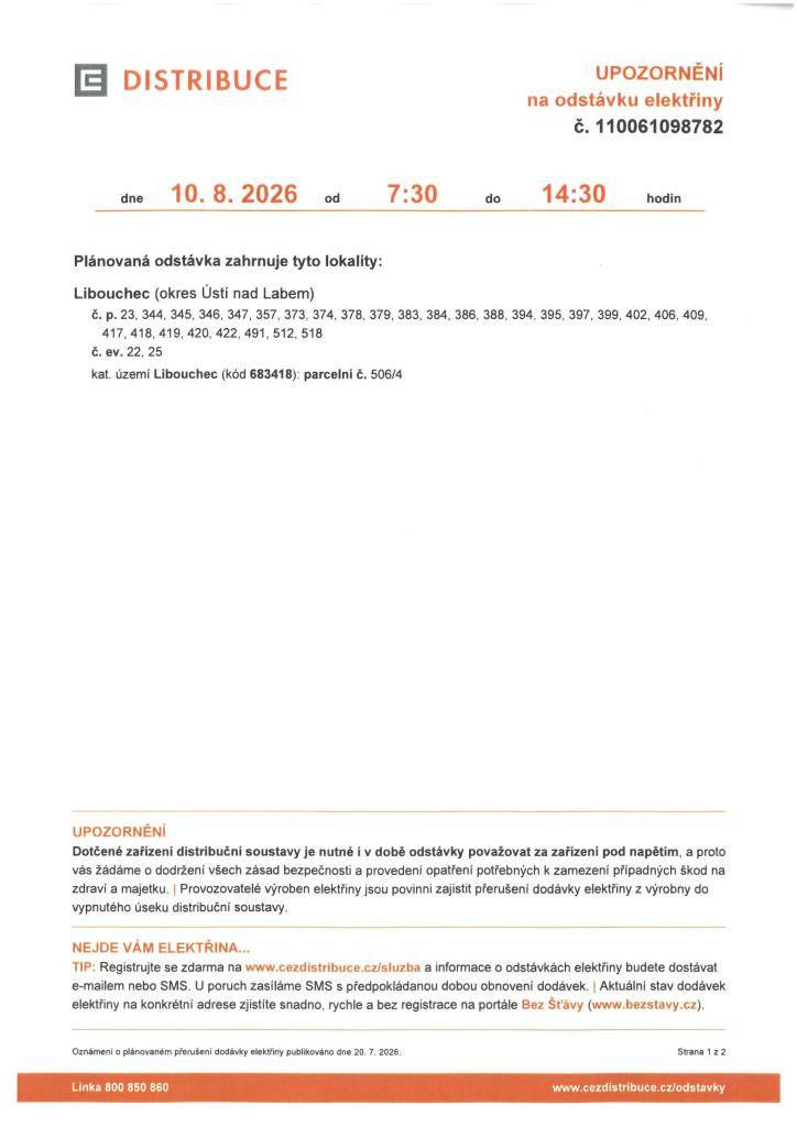 Oznámení o plánovaném přerušení dodávky elektrické energie dne 10.8.2026
