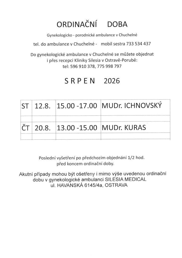 Ordinační doba gynekologicko-porodnické ambulance v Chuchelné srpen 2026.
