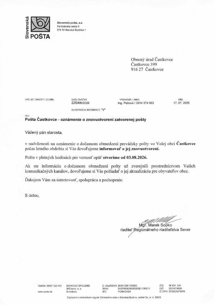 Oznámenie o znovuotvorení pošty Častkovce