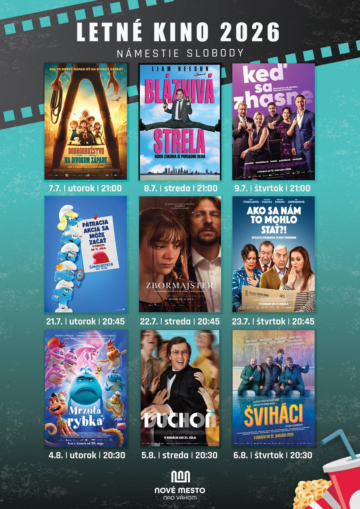 Tento týždeň si na Námestí slobody prídu na svoje malí aj veľkí filmoví fanúšikovia. Čakajú nás tri večery pod holým nebom. 🍿 Utorok 21. 7. | 21:00 💙 Šmolkovia vo filme – zábava pre celú rodinu. 🍿 Streda 22. 7. | 21:00 🎭 Zbormajster 🍿 Štvrtok 23. 7. | 21:00 😂 Ako sa nám to mohlo stať?! – oddychová komédia na záver filmového týždňa. Pribaľte si deku alebo pohodlné sedenie, vezmite rodinu či priateľov a príďte si užiť letné večery s filmom. Pukance budú ! 🍿🎥 Tešíme sa na vás na Námestí slobody. #LetnéKino #NovéMestoNadVáhom #LetoVMeste #KinoPodHolýmNebom