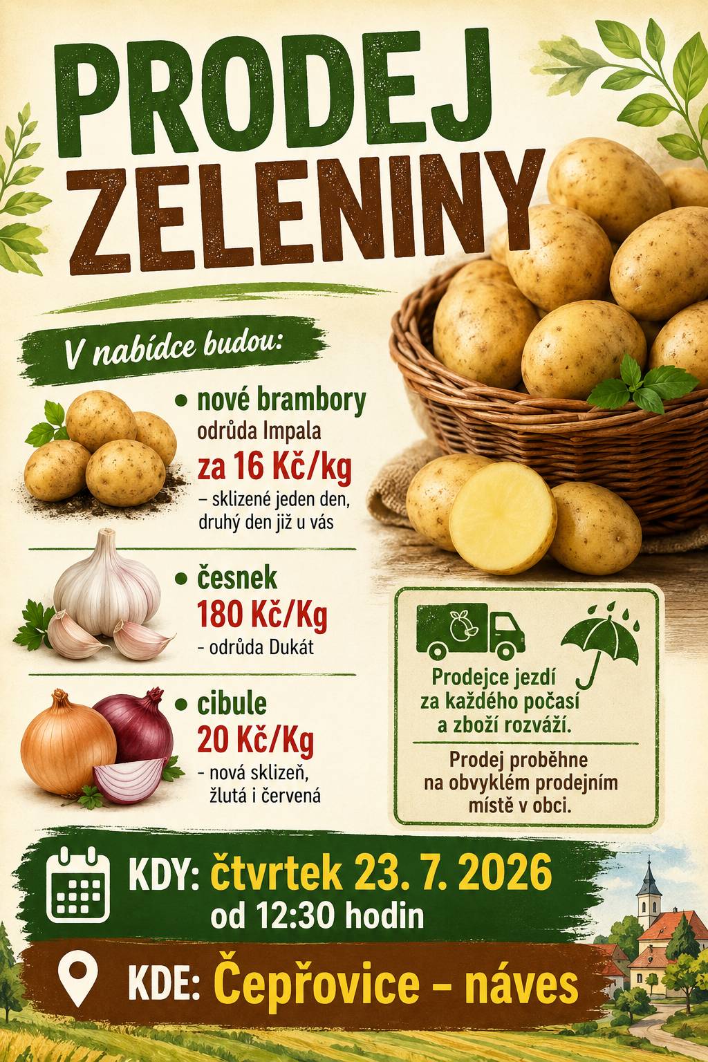 PRODEJ ZELENINY Přijeďte si nakoupit čerstvou zeleninu přímo od prodejce! V nabídce bude: 🥔 Nové brambory Impala – 16 Kč/kg sklizené jeden den, druhý den již u vás 🧄 Česnek Dukát – 180 Kč/kg 🧅 Nová cibule – 20 Kč/kg žlutá i červená 🚚 Prodejce jezdí za každého počasí a zboží rozváží. Prodej proběhne na obvyklém prodejním místě v obci. 📅 Kdy: čtvrtek 23. 7. 2026 od 12:30 hodin 📍 Kde: Čepřovice – náves