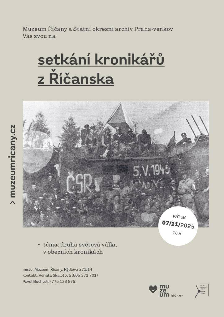 Muzeum Říčany zve na setkání kronikářů z Říčanska - pátek 7.11. od 16 hodin. Téma - 2. světová válka
