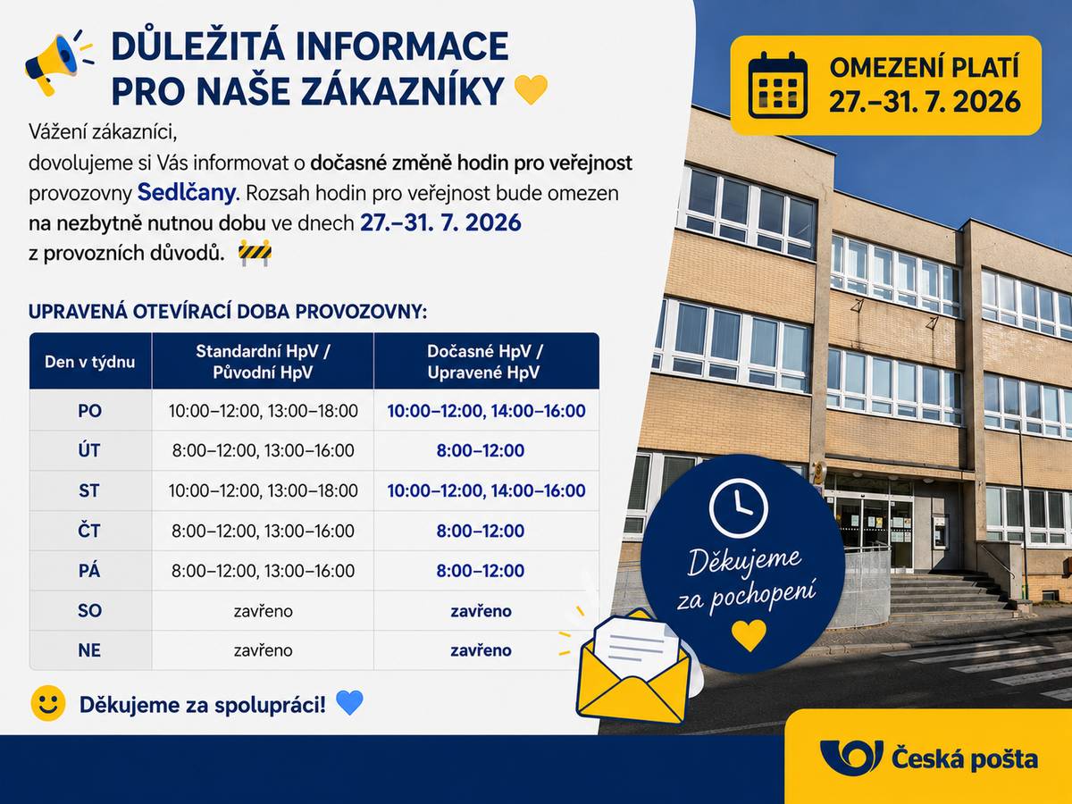 ⚠️ Upozorňujeme občany, že z provozních důvodů bude ve dnech 27.–31. července 2026 dočasně upravena otevírací doba pobočky České pošty Sedlčany. 🕒 Upravená otevírací doba: 🔹 Pondělí 10:00–12:00 a 14:00–16:00 🔹 Úterý 8:00–12:00 🔹 Středa 10:00–12:00 a 14:00–16:00 🔹 Čtvrtek 8:00–12:00 🔹 Pátek 8:00–12:00 🙏 Děkujeme za pochopení a doporučujeme naplánovat návštěvu pošty s ohledem na tuto dočasnou změnu.