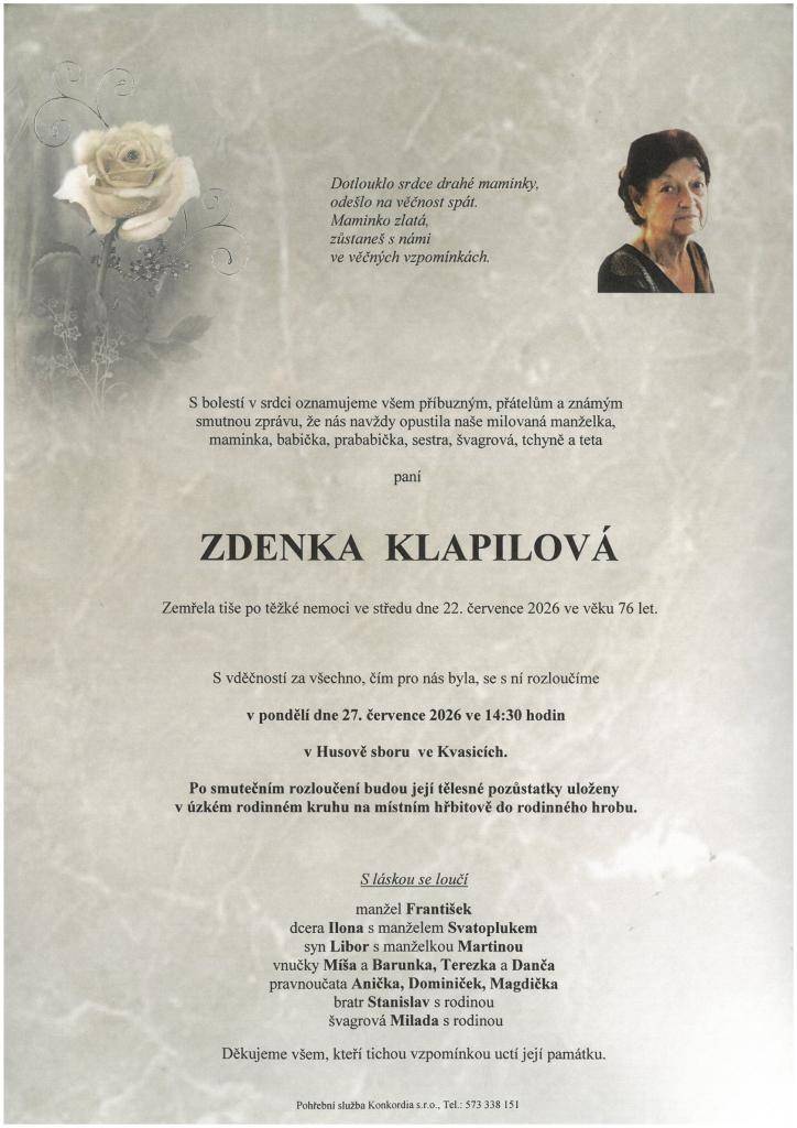 Smuteční oznámení - Zdenka Klapilová