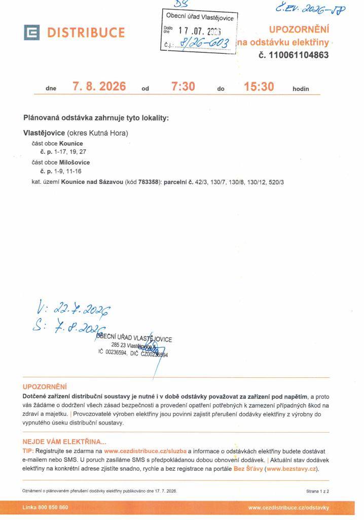 Plánovaná odstávka elektřiny v pátek 7.8.2026 od 7:30 do 15:30 hodin v místních částech Kounice a Milošovice