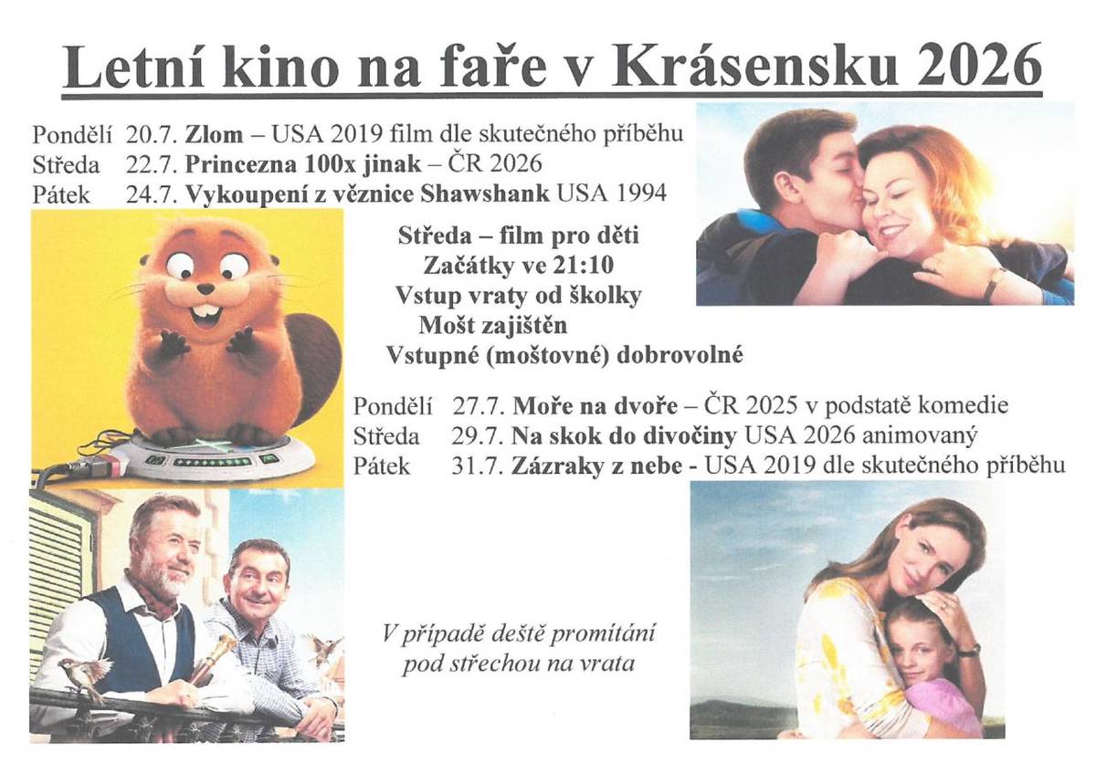 V Krásensku probíhá letní kino na faře, kde se od 20. července do 31. července 2026 můžete těšit na různé filmové projekce. Projekce začínají každý večer ve 21:10. Vstupné je dobrovolné, mošt je zajištěn a v případě deště se film promítne pod střechou.