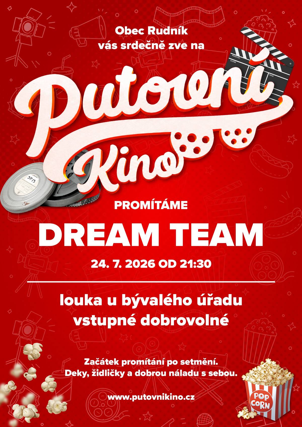 Po úspěšném prvním promítání vás srdečně zveme na druhý letošní filmový večer pod širým nebem. 📅 pátek 24. července 2026 🕤 začátek ve 21:30 hodin 📍 louka na cvičišti hasičů v Rudníku 🍿 občerstvení zajištěno  💰 vstupné dobrovolné Tentokrát promítneme skvělou českou komedii Dream Team.  Nezapomeňte si vzít deku, skládací židličku nebo lehátko. Několik laviček bude připraveno i na místě.  O filmu: Rázný basketbalový trenér Marek chce splnit sen svému synovi Šimonovi s mentálním postižením – zahrát si na paralympiádě. Když se mu nedaří sestavit tým, vznikne bláznivý plán, který odstartuje řadu komických i dojemných situací. Čeká vás příběh plný humoru, přátelství a lidskosti.  Přijďte si užít pohodový letní večer pod hvězdami s rodinou, přáteli a dobrou českou komedií.  Těšíme se na vás! Kulturní komise Rudník
