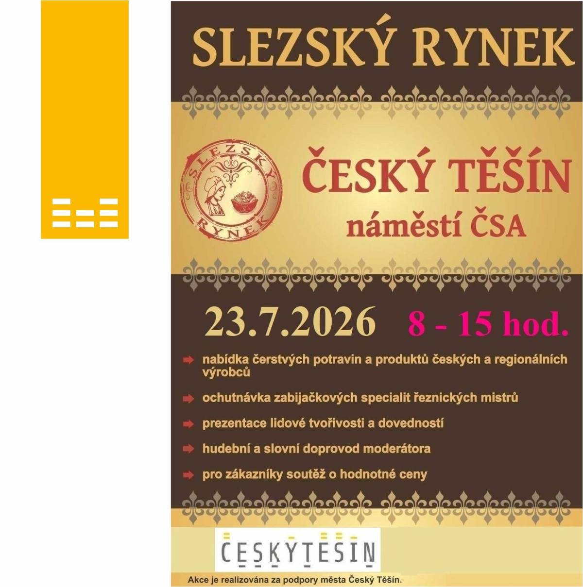 🥖🥨🧀🥚🍖🌰 Již tento čtvrtek k nám zavítá Slezský rynek. Opět se můžete těšit na prodejce se svými stánky, ve kterých na vás bude čekat bohatá nabídka regionálních produktů.