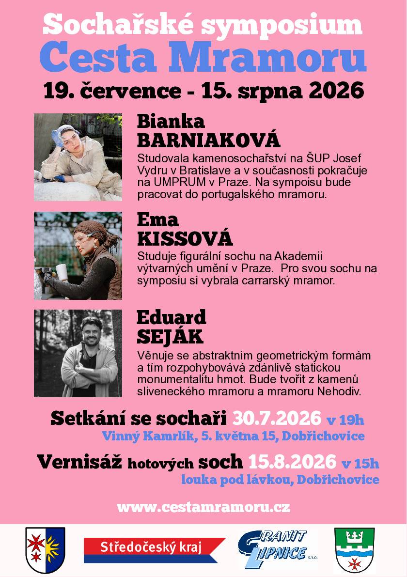 🎨 Sochařské sympozium v Dobřichovicích je v plném proudu! Na louce pod lávkou v Dobřichovicích budou nyní vznikat pod rukama sochařů originální kamenné sochy. Přijďte se podívat na jejich práci a využijte příležitost setkat se s autory.  📅 Setkání se sochaři 🗓 30. července 2026 od 19:00 📍 Vinný Kamrlík, 5. května 15, Dobřichovice Srdečně vás zveme také na slavnostní zakončení sympozia. 📅 Vernisáž hotových soch 🗓 15. srpna 2026 od 15:00 📍 Louka pod lávkou, Dobřichovice Těšíme se na setkání s vámi!
