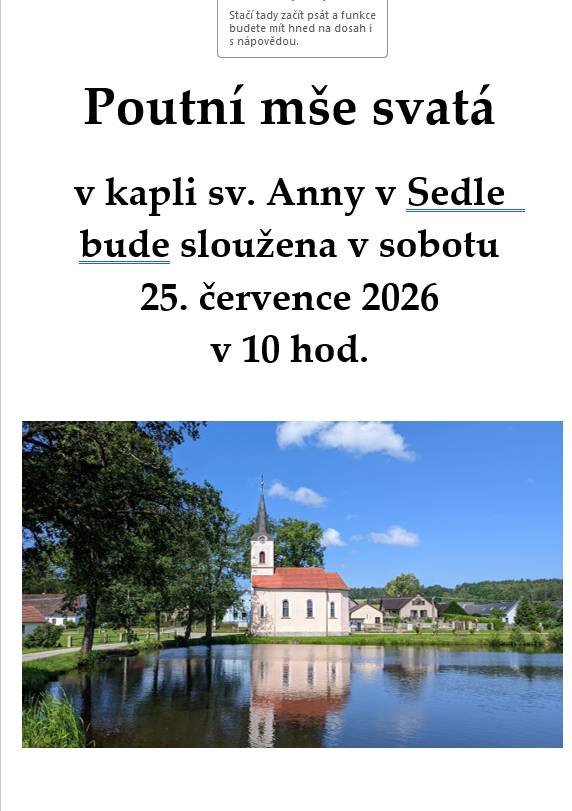 Poutní mše svatá v kapli sv. Anny v Sedle  bude sloužena v sobotu 25. července 2026 v 10 hod.