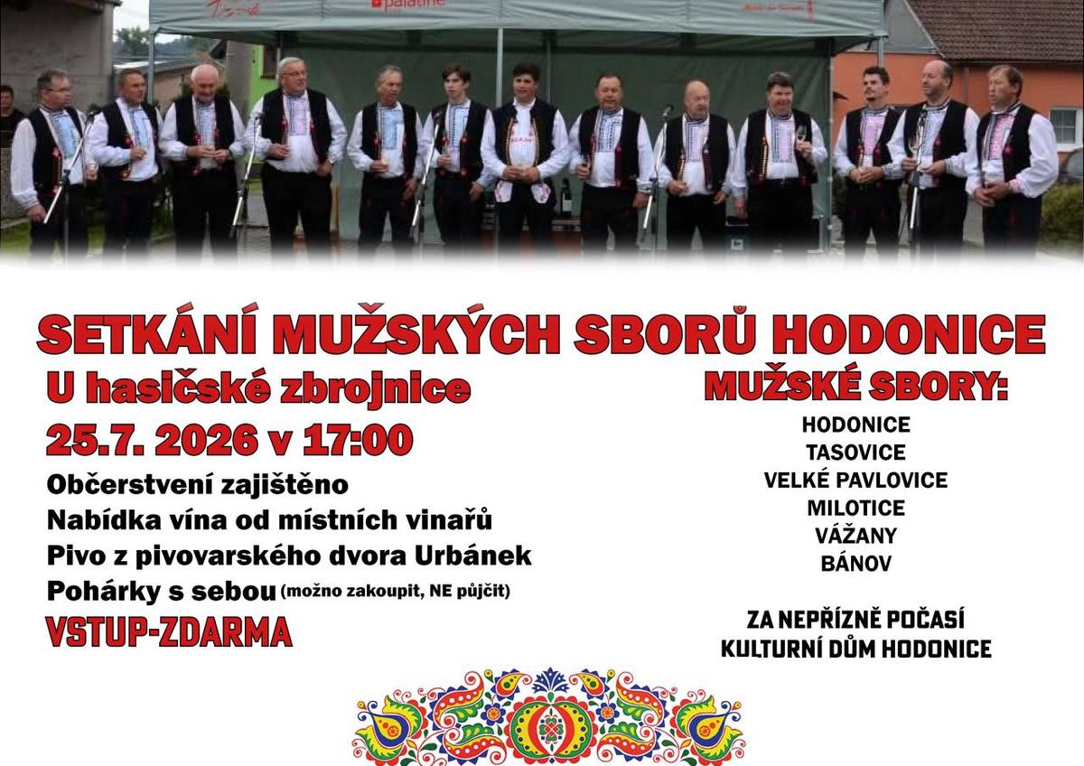 Setkání mužských sborů se uskuteční 25. července 2026 v 17:00 u hasičské zbrojnice v Hodonicích. Zúčastní se sbory z Hodonic, Tasovic, Velkých Pavlovic, Milotic, Vážan a Bánova. Návštěvníci se mohou těšit na občerstvení v podobě vína od místních vinařů a piva z pivovarského dvora Urbánek. Vstup je z