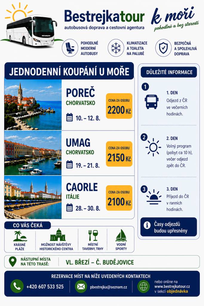 Cestovní agentura Bestrejkatour zve na nezapomenutelnou dovolenou do Chorvatska a Itálie. V nabídce jsou výlety do Poreče, Umagu a Caorle, kde si můžete užít krásné pláže a místní kulturu.