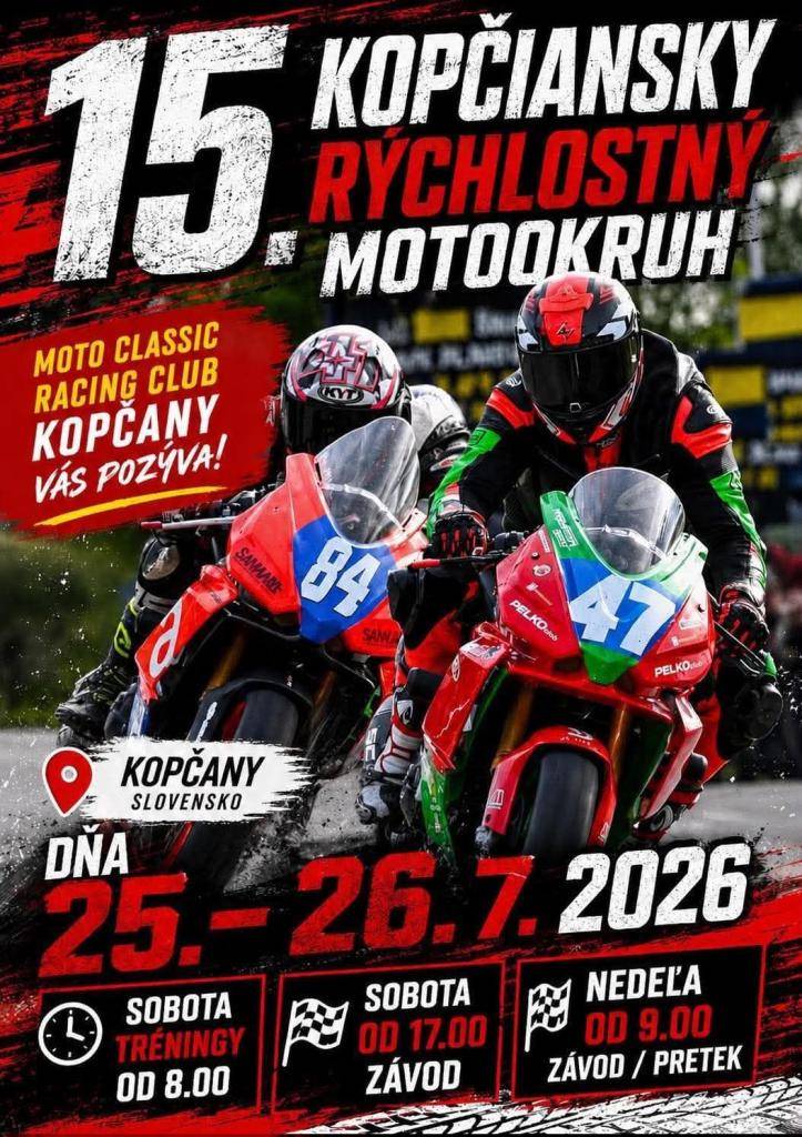 Z dôvodu plánovaného podujatia – Kopčiansky rýchlostný motookruh bude dňa:  - 25.07.2026 v čase od 7.00 h do 19.00 h   - 26.07.2026 v čase od 7.00 h do 19.00 h   úplne uzatvorená cesta I/2 (ul. Bratislavská) v prieťahu intravilánom obce Kopčany od km 4,0 po km 5,0.  Dĺžka obchádzky: cca 18,00 km