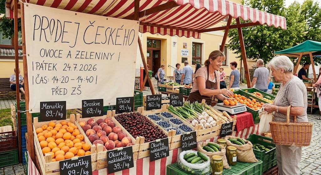 Přijďte si nakoupit čerstvé české ovoce a zeleninu! 🗓 Kdy: Pátek 24. 7. 2026 ⏰ Čas: 14:20 – 14:40 📍 Kde: před ZŠ V nabídce:   🍑 Meruňky: 89 Kč / kg   🍑 Broskve: 69 Kč / kg   🍒 Třešně: 99 Kč / kg   🫐 Borůvky: 160 Kč / kg   🥒 Okurky nakládačky: 39 Kč / kg   🧄 Česnek: 20 Kč / palička   🥢 Křen: 190 Kč / kg