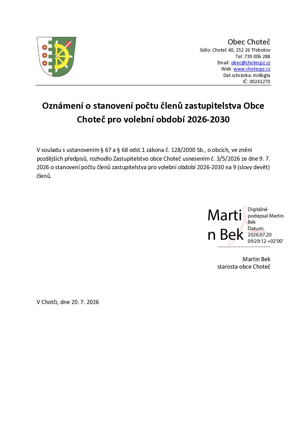 Oznámení o stanovení počtu členů zastupitelstva Obce Choteč pro volební období 2026-2030