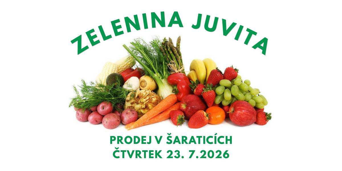 Zelenina Juvita Uherský Brod bude ve čtvrtek 23. 7. 2026 od 10.00 do 10.20 hodin na parkovišti před OÚ Šaratice prodávat okurky nakládačky, moravské meruňky, borůvky, broskve, nové brambory ze Znojma, české okurky, rajčata, papriky, nový český česnek, cibuli a další ovoce a zeleninu. Dále nabízí žampiony, hlívu ústřičnou, olejové svíčky a med. Řidič přijímá objednávky na okurky nakládačky na telefonním čísle: 777 220 340.