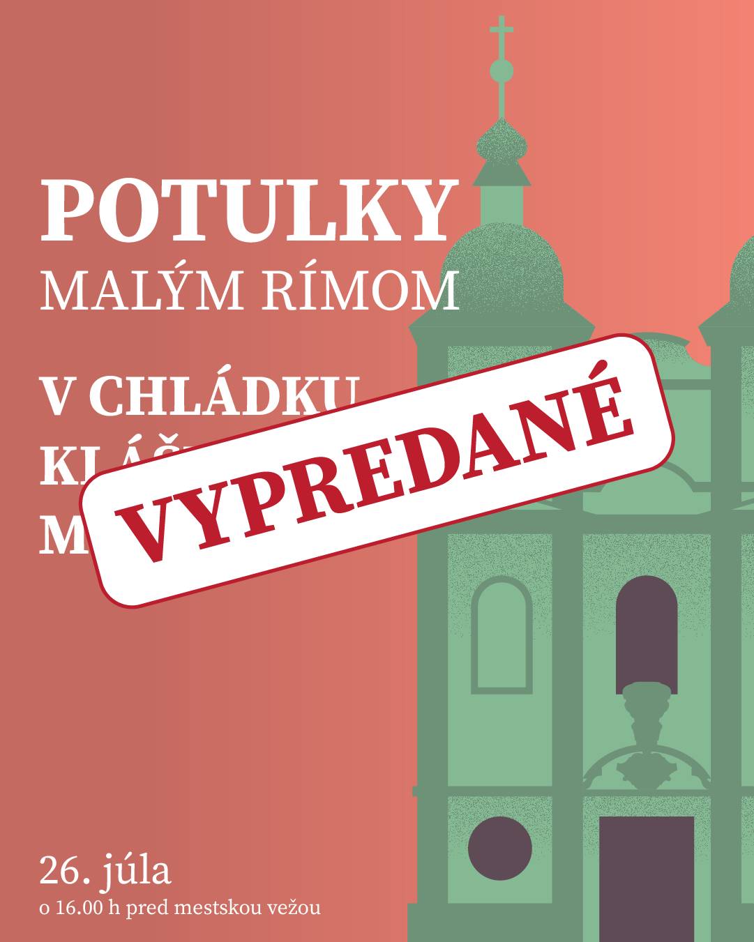 Najbližšia Potulka Malým Rímom V chládku kláštorných múrov, ktorá sa uskutoční v nedeľu 26. júla 2026, je vypredaná.    Účastníkov čaká návšteva zákutí jezuitského kláštora, Kostola Najsvätejšej Trojice, Centra pomoci pre rodinu, kláštornej záhrady aj rozsiahlej klenbovej pivnice ukrytej pod kláštorom.     Z dôvodu obmedzenej kapacity nebude možné zúčastniť sa potulky bez platnej vstupenky zakúpenej vopred.     Ďakujeme za váš záujem a tešíme sa na stretnutie s účastníkmi potulky.