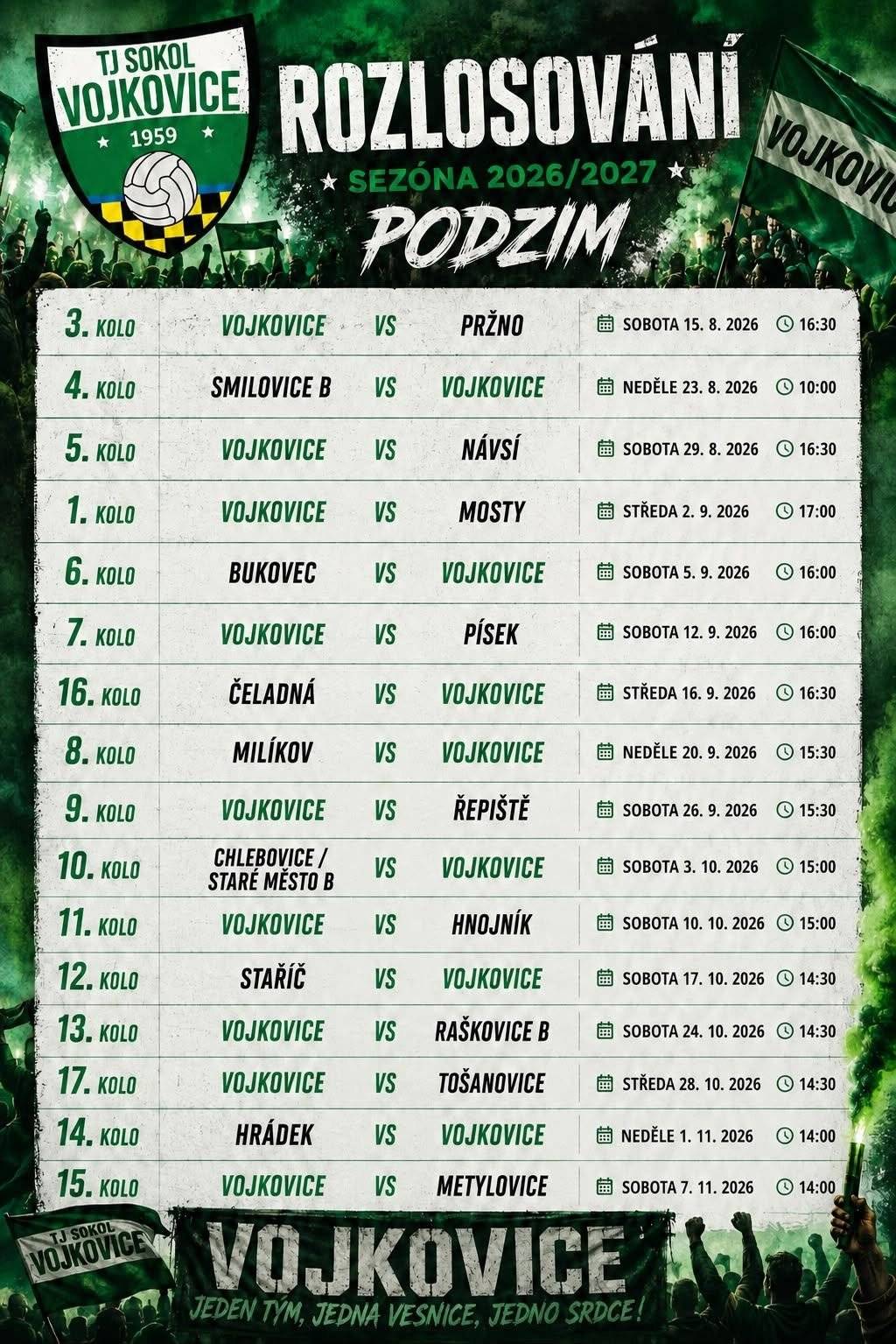 Uložte si termíny, pozvěte rodinu a kamarády a přijďte podpořit náš tým během celé sezóny. Každá podpora z tribuny se počítá. 💚⚽