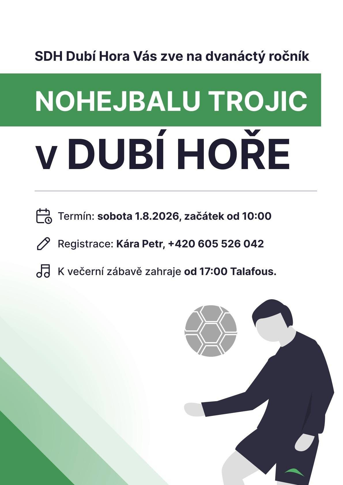 SDH Dubí Hora zve občany na pouťový nohejbalový turnaj na Dubí Hoře, v sobotu 1.8.2026 od 10:00 hodin.  K večerní zábavě hraje od 17:00 hodin p. Talafous.
