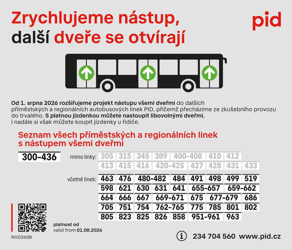 Vážení, upozorňujeme, že od 1.8.2026 bude na místní autobusové lince 667 umožněn nástup všemi dveřmi.   Více informací naleznete v následujícím odkazu: https://pid.cz/dvere-se-otviraji/ nebo přiloženém zpravodaji.