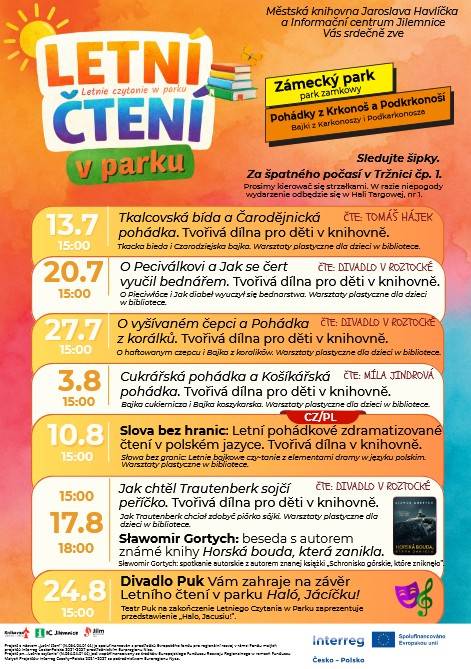 Přijďte si užít pohádkové pondělky, chvíle odpočinku a zábavy pod širým nebem během letních práznin. Po čtení následuje vždy tematická dílna v knihovně.