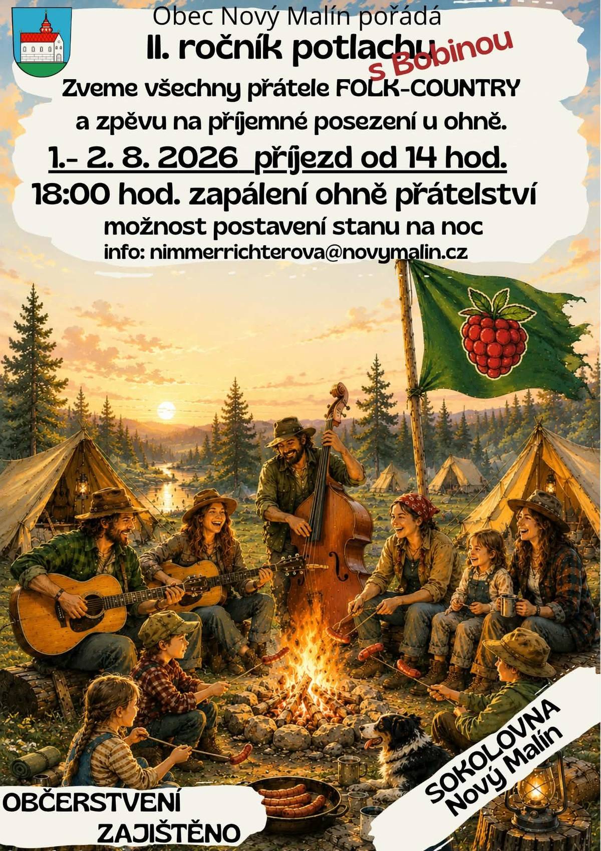 Zveme všechny přátele folk-country a zpěvu na II. ročník potlachu s Bobinou 1.- 2.8.2026 v areálu sokolovny v Novém Malíně.