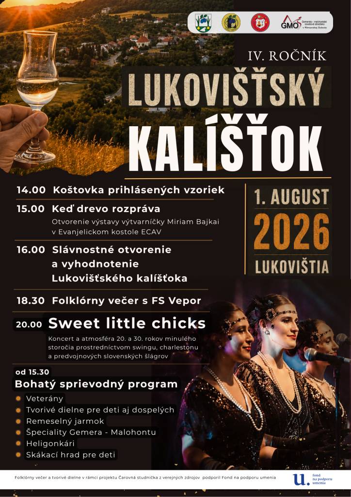 Gemersko-malohontské osvetové stredisko – kultúrna inštitúcia Banskobystrického samosprávneho kraja, Obec Lukovištia, Pálenica Lukovištia srdečne pozývajú na podujatie Lukovišťský kalíšťok, ktoré sa uskutoční v sobotu 01. 08. 2026 v Lukovišťiach.