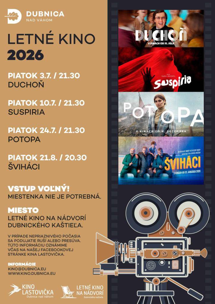 Letné večery a kino pod hviezdami sú vždy skvelá kombinácia. Preto vás srdečne pozývame na ďalšie premietanie v rámci LETNÉHO KINA 2026, ktoré sa uskutoční už v piatok 24. júla o 21.30 h na nádvorí Dubnického kaštieľa.