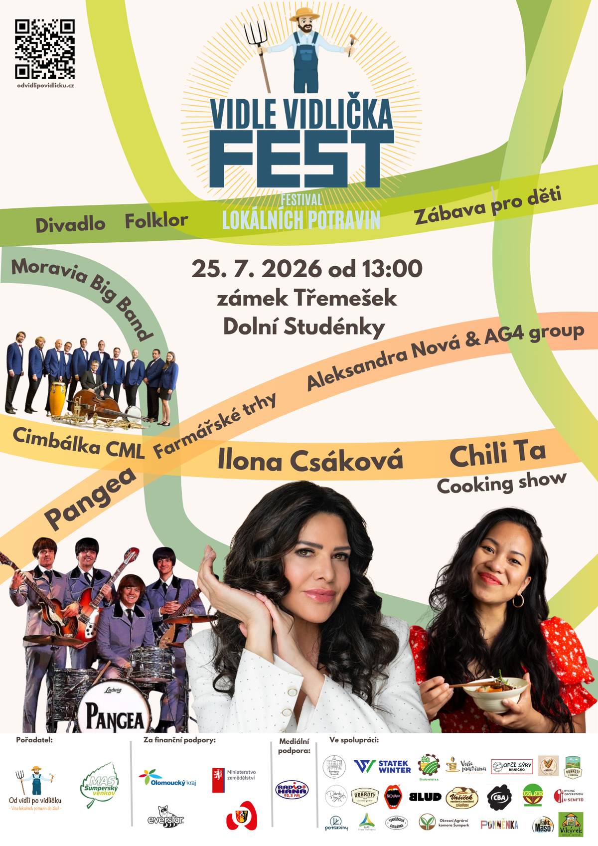 Zveme vás na festival lokálních potravin Vidle Vidlička FEST, který se uskuteční v sobotu 25. července 2026 od 13:00 v areálu zámku Třemešek v Dolních Studénkách. Čeká vás opravdu bohatý program pro malé i velké. Těšit se můžete na farmářské trhy, skvělé jídlo a pití, živou hudbu, cooking show, divadelní představení, výstavy, besedu o historii zámku, tombolu i soutěže pro děti. Na pódiu vystoupí například Cimbálka CML, Ilona Csáková s Moravia Big Bandem, Pangea – The Beatles revival band, Chili Ta a Aleksandra Nová & AG4 group. Součástí programu bude také vyhlášení soutěže Staň se šéfkuchařem školní jídelny. Doprovodný program nabídne zábavu a soutěže pro děti, výdej odměn, dvě výstavy, besedu o historii zámku Třemešek a tombolu. Přijďte si užít příjemné letní odpoledne a večer plný hudby, dobrého jídla, místních chutí a zábavy v krásném prostředí zámku Třemešek. 📅 Sobota 25. 7. 2026 🕐 Od 13:00 📍 Zámek Třemešek, Dolní Studénky 🎟️ Vstupné dobrovolné Těšíme se na vás!