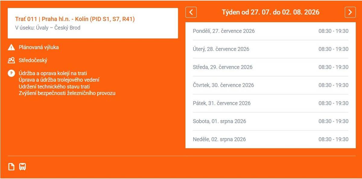 Pondělí 27.července  - pondělí 3.8.2026 8:30 hod -19,30 hod Vlaky Os linky PID S1 po dobu výluky neobsluhují zastávky Rostoklaty a Tuklaty. Obsluha zastávek je zajištěna autobusy náhradní dopravy, linkou Český Brod - Úvaly - Český Brod. Náhradní doprava je organizována podle výlukového jízdního řádu. V Břežanech je zastávka pouze v centru obce. https://www.cd.cz/jizdni-rad/omezeni-provozu/vyluka/22387/ 3.8. již bude most pro veškerou individuální dopravu zavřen. Náhradní autobusová doprava bude projíždět bez omezení.