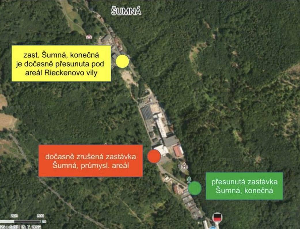 Upozorňujeme cestující, že od pátku 24. července 2026 do odvolání z důvodu stavby a neprůjezdnosti komunikace směrem na Šumnou, bude zastávka Šumná, konečná přesunuta pod areál Rieckenovo vily. Zároveň bude dočasně zrušena zastávka Šumná, průmyslový areál. Děkujeme za pochopení.