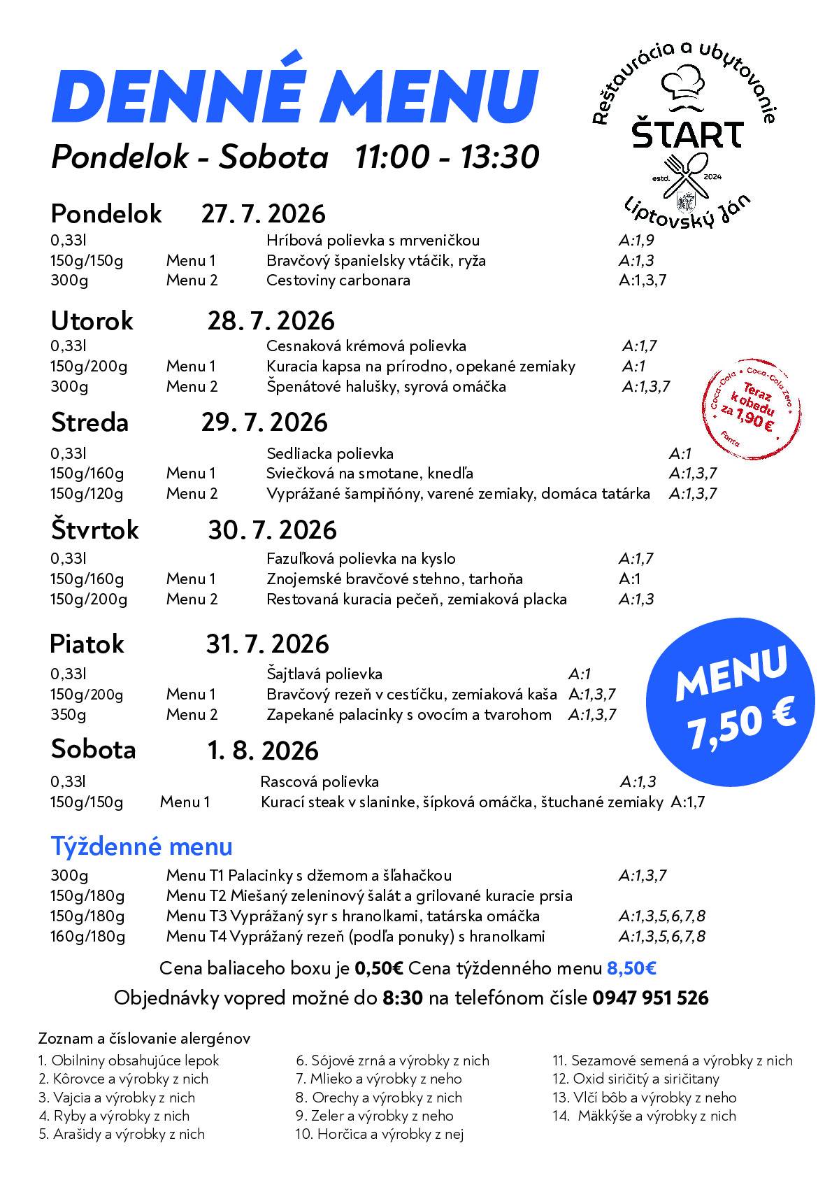 Nech sa páči, nové denné menu na najbližší týždeň.