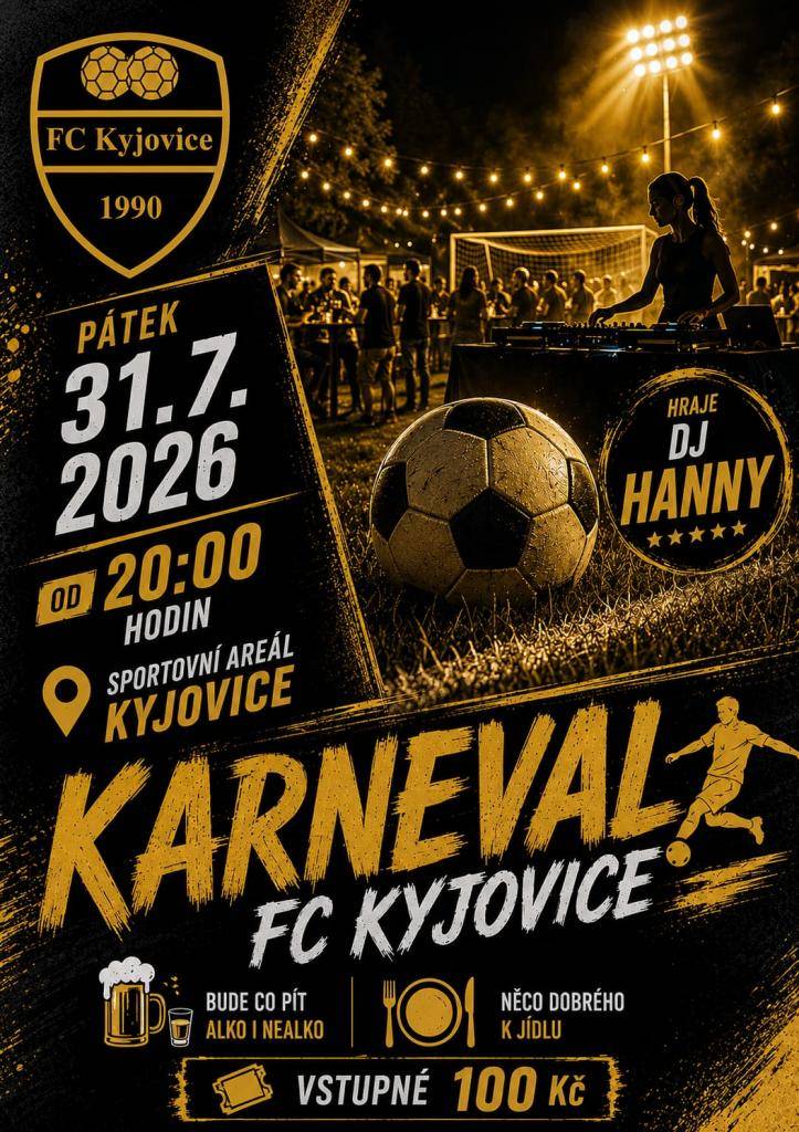 FC Kyjovice vás zve na letní karneval. V pátek 31. 7. od 20:00 na sportovním areálu Kyjovice. Hraje DJ Hanny, čeká vás občerstvení a skvělá zábava. Vstupné 100 Kč. Těšíme se na vás.