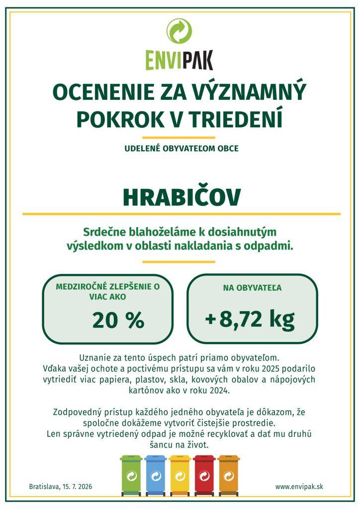 Ocenenie za významný pokrok v triedení pre našu obec Hrabičov.