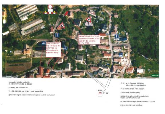 z důvodu realizace vodovodní přípojky u č.p. 80 dojde k částečnému omezení dopravy v ulici Národní fronty. Práce budou probíhat za přechodného dopravního značení dle schváleného dopravně-inženýrského opatření.