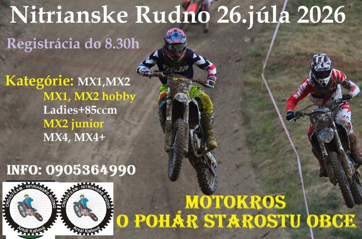 Športový klub Crrosteam Nitrianske Rudno v spolupráci so starostom obce pozýva všetkých nadšencov motokrosu do areálu Kaňová na motokros o pohár starostu obce, ktorý sa uskutoční v nedeľu 26.júla 2026.