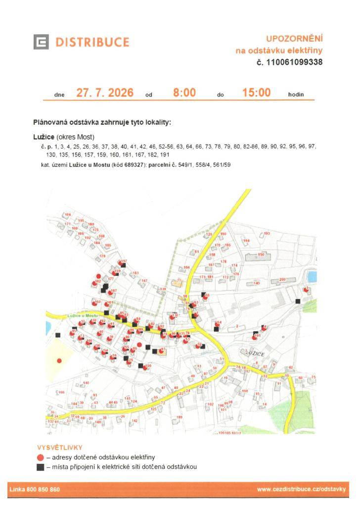 V pondělí 27. 7. 2026 proběhne plánovaná odstávka elektrické energie v době od 8:00 do 15:00 hodin.  Z důvodu odstávky elektrické energie bude prodejna COOP dne 27. 7. 2026 uzavřena. Zobrazovat míň