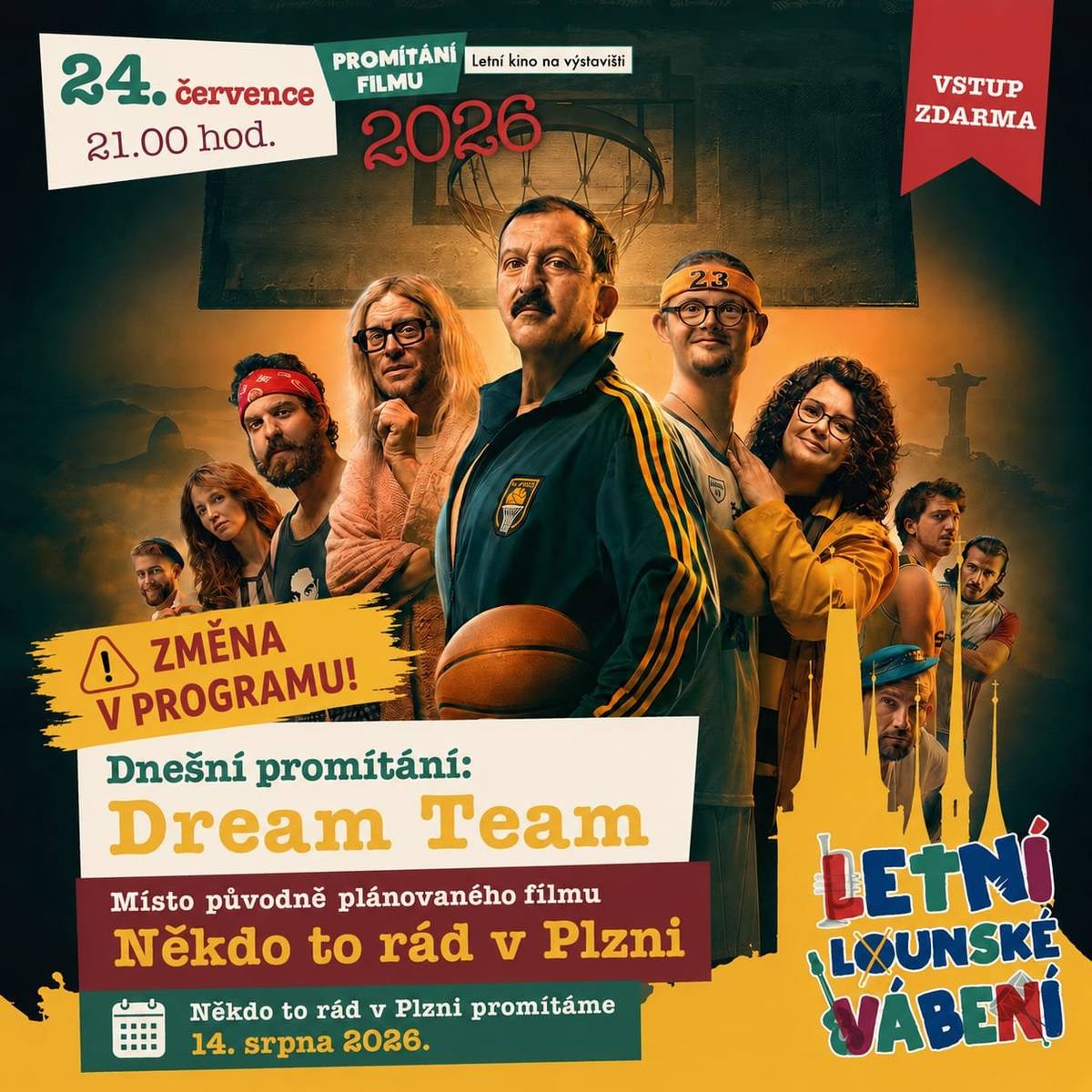 Už dnes od 21.00 hodin vás zveme do letního kina na lounské výstaviště na promítání české komedie Dream Team. Můžete se těšit na příběh plný humoru, sportu i rodičovské lásky, inspirovaný skutečnými událostmi. Přijďte se s námi předvábit na Letní lounské vábení – vstup je zdarma. 🎬✨
