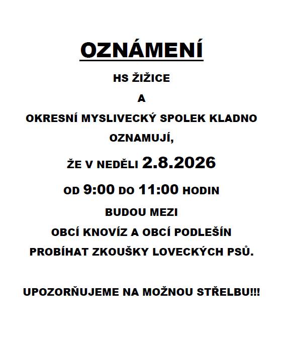 Oznámení - zkoušky loveckých psů