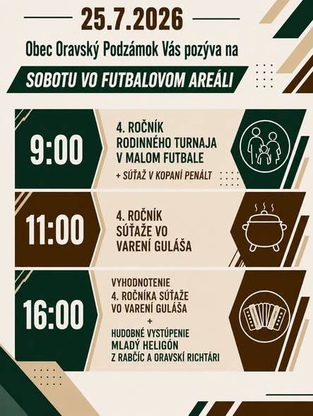 Obec Oravský Podzámok Vás pozýva v sobotu 25.júla 2026 na podujatia, ktoré sa budú konať na futbalovom ihrisku.     V rámci podujatia bude "Charitatívna tombola ".  Výťažok z tomboly bude venovaný Marekovi Harezníkovi  na úhradu nákladov na liečbu.