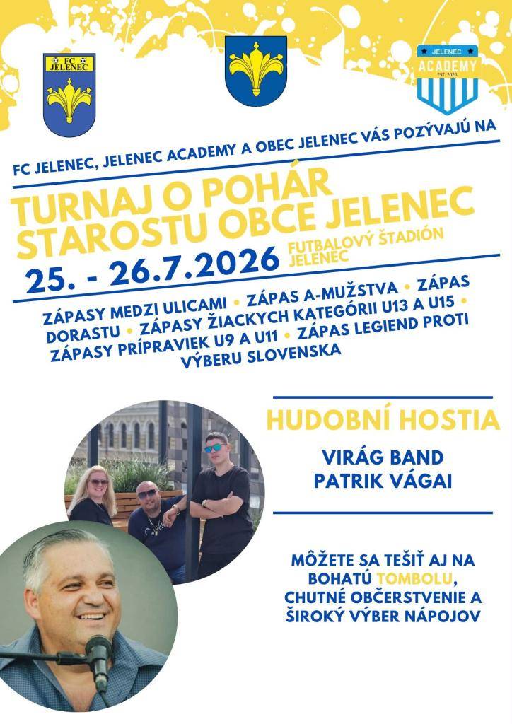 Tradičný letný turnaj o Pohár starostu obce JELENEC, známy aj ako turnaj ulíc už čoskoro aj s bonusom, ktorým bude zápas legiend a výberu Slovenska...⚽️ samozrejme k tomu veľa zábavy, chutného jedla a kvalitných nápojov, takže ste všetci srdečne vítaní na našom štadióne pod Gýmešom…