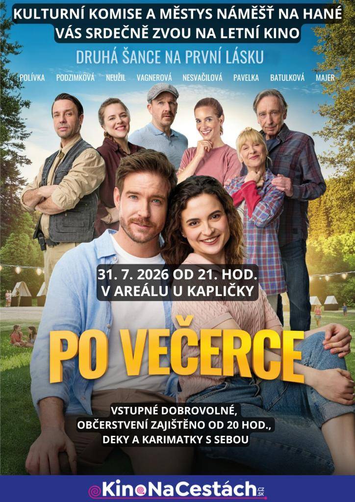 Městys Náměšť na Hané a kulturní komise vás srdečně zvou na letní kino. Promítání filmu se uskuteční 31. července 2026 od 21:00 v areálu u Kapličky. Občerstvení bude zajištěno od 20:00.